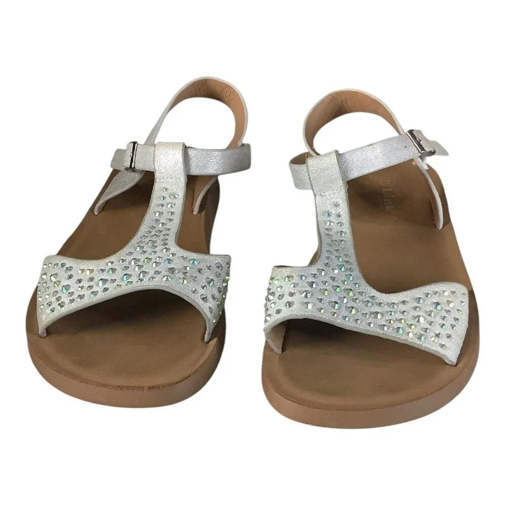 Link Comfort Girls White Rhinestone T-Strap Sandals Sz 3 Adjustable Buckle Strap